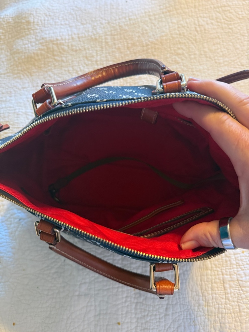 Dooney & Bourke Navy Blue Logo Satchel with Brown Leather Trim - Picture 3 of 4